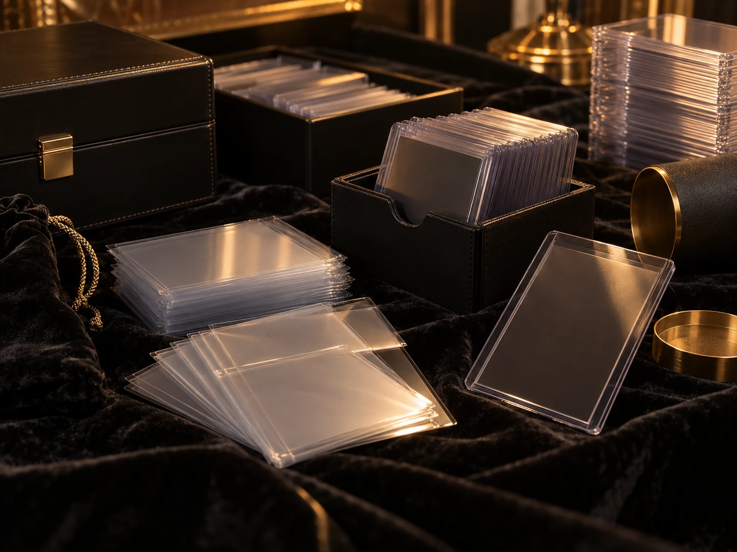 Sleeves and toploaders laid out on black velvet