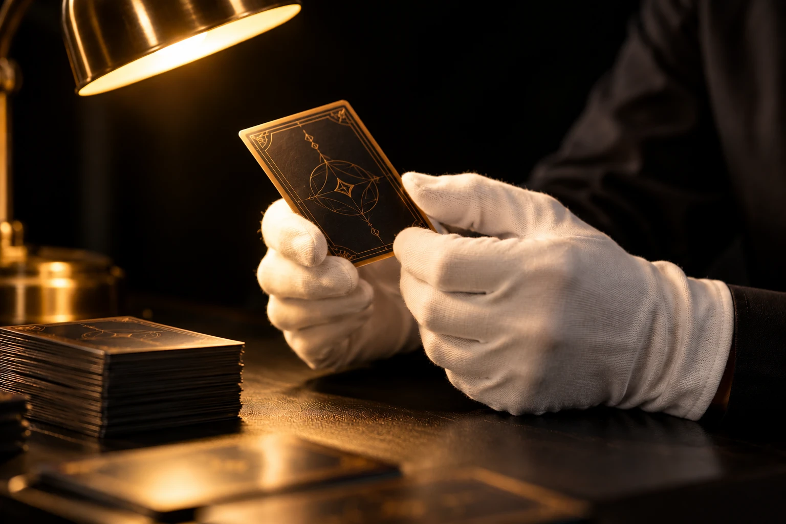 A card inspected by hand in white gloves under a brass lamp