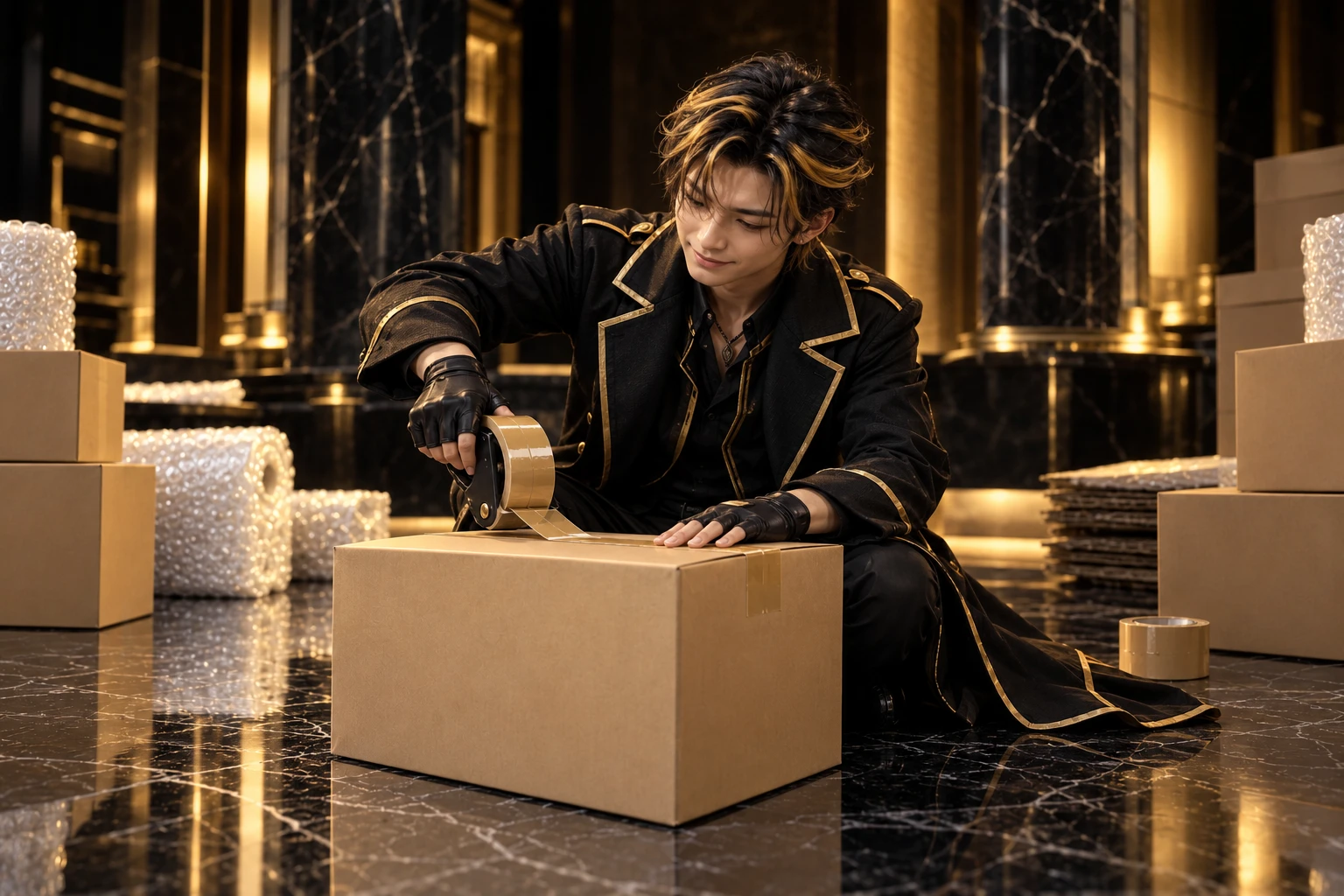 The Duel Shop Japan host taping a shipping box shut, with bubble wrap and boxes around him