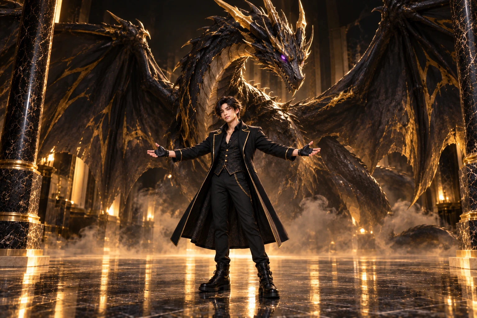 The Duel Shop Japan host welcoming visitors, a black and gold dragon spreading its wings behind him