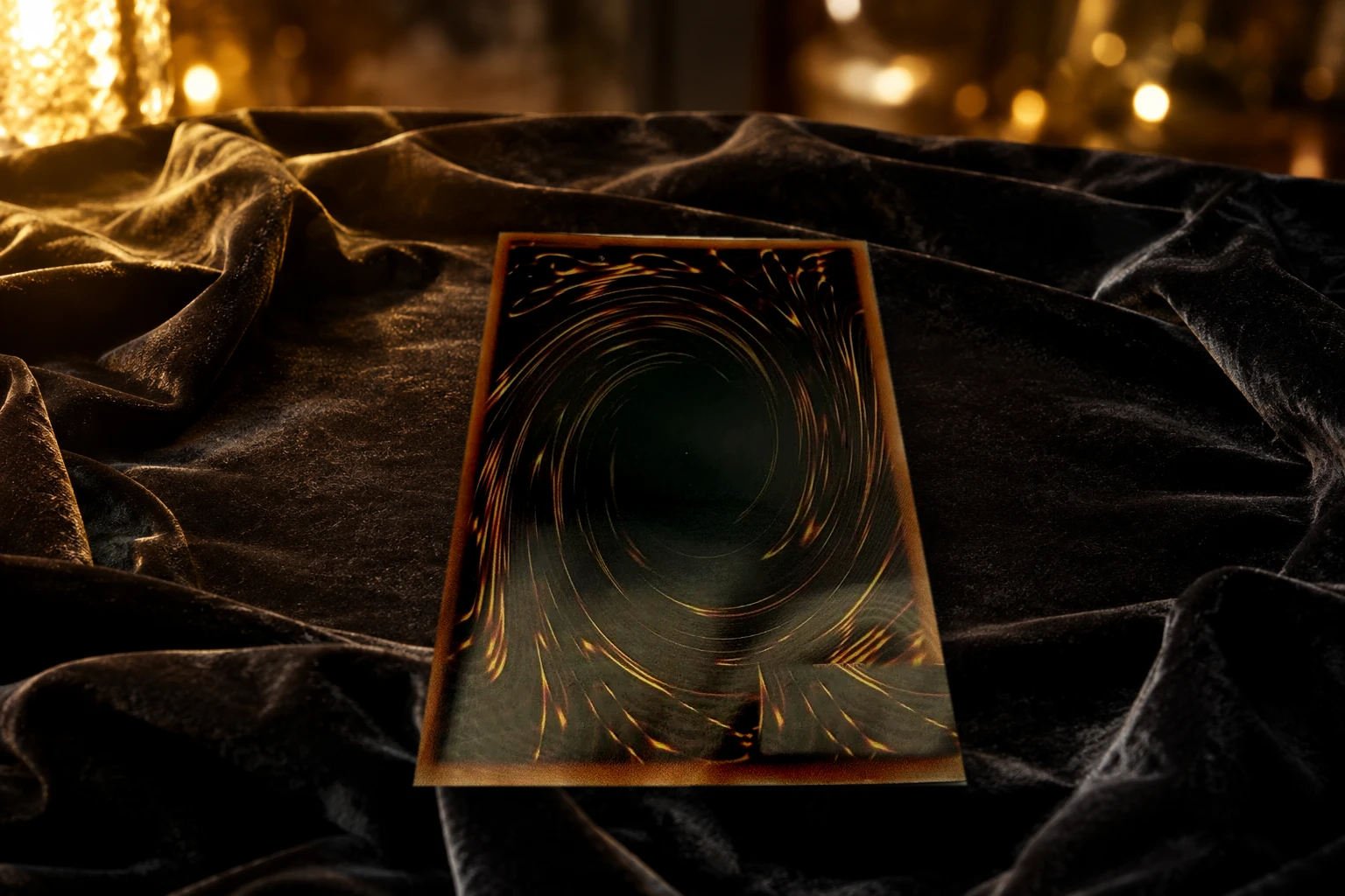 A genuine Japanese Yu-Gi-Oh! OCG card, face down on black velvet under warm gold light